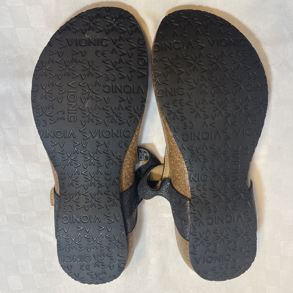 NWOB Vionic 44Mary Orthaheel Thong Sandals Flip Flop Black Glitter Women 7 EU 38 - Picture 6 of 7